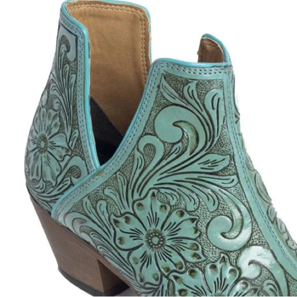 🔥Hand Tooled Genuine Leather Women Bootie Boot Boho Western Shoe Teal Turquoise - Picture 7 of 11